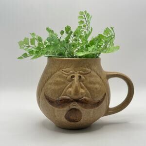 Extra Large Pottery Craft Mug, 1970s Vintage USA Made Mustache Man